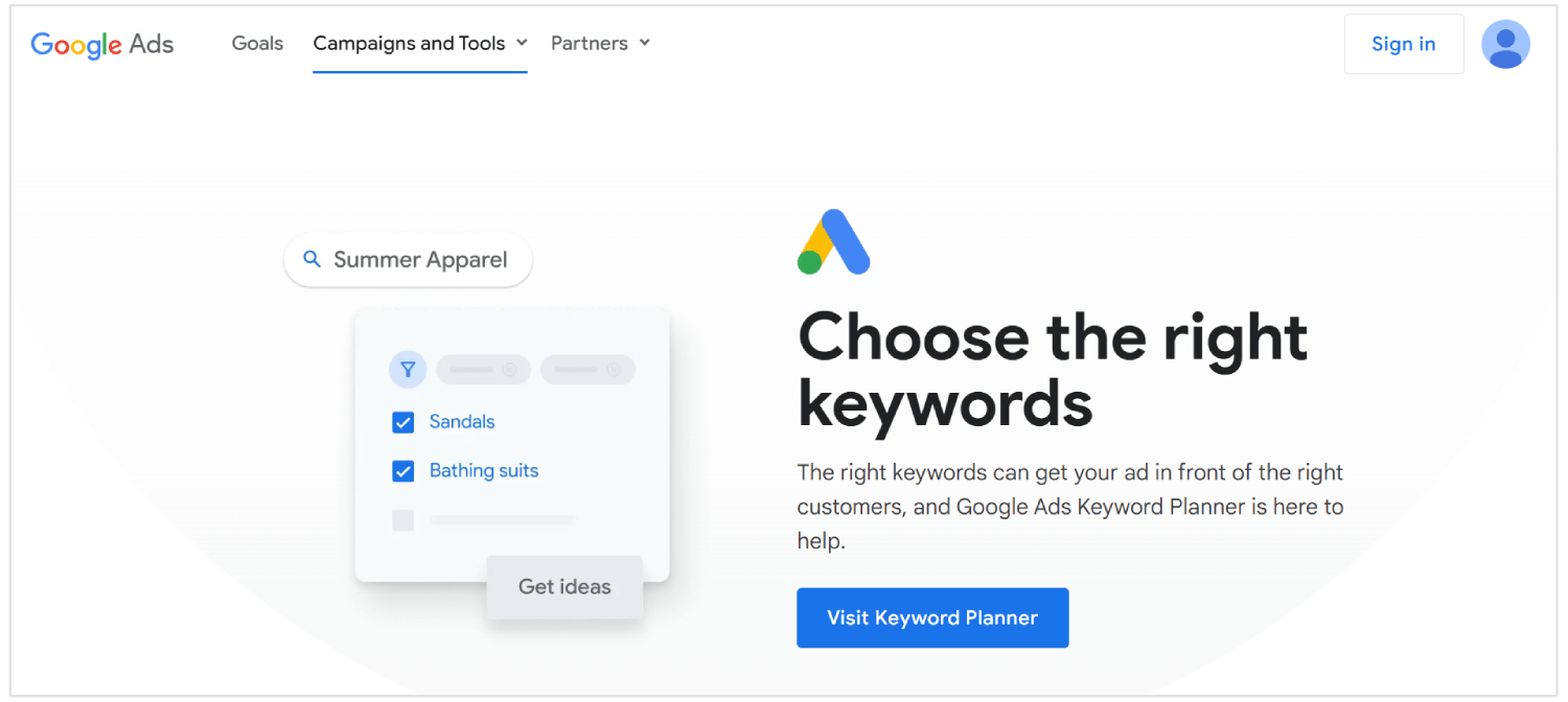 google keyword planner homepage